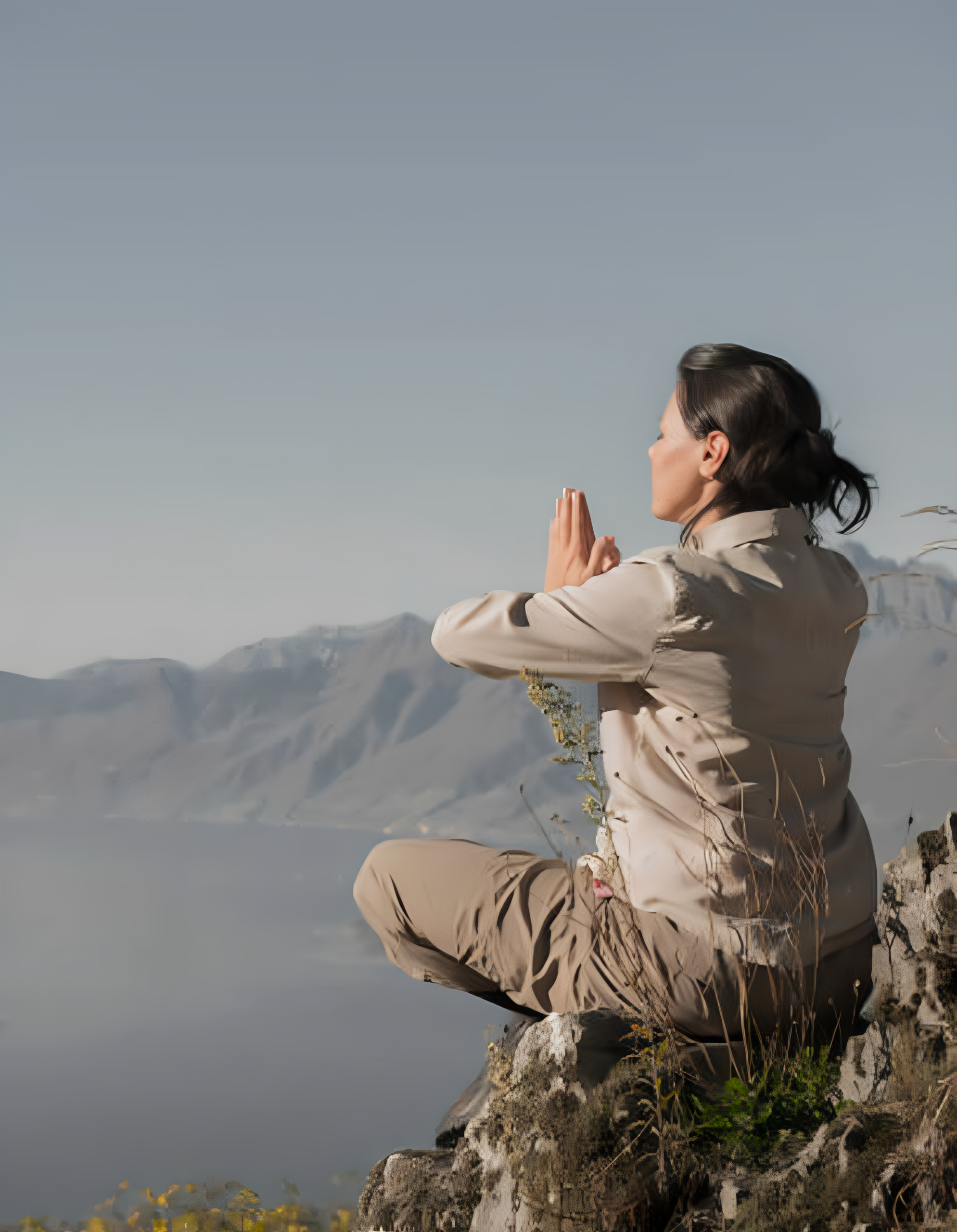 Person meditating on a mountain cliff.