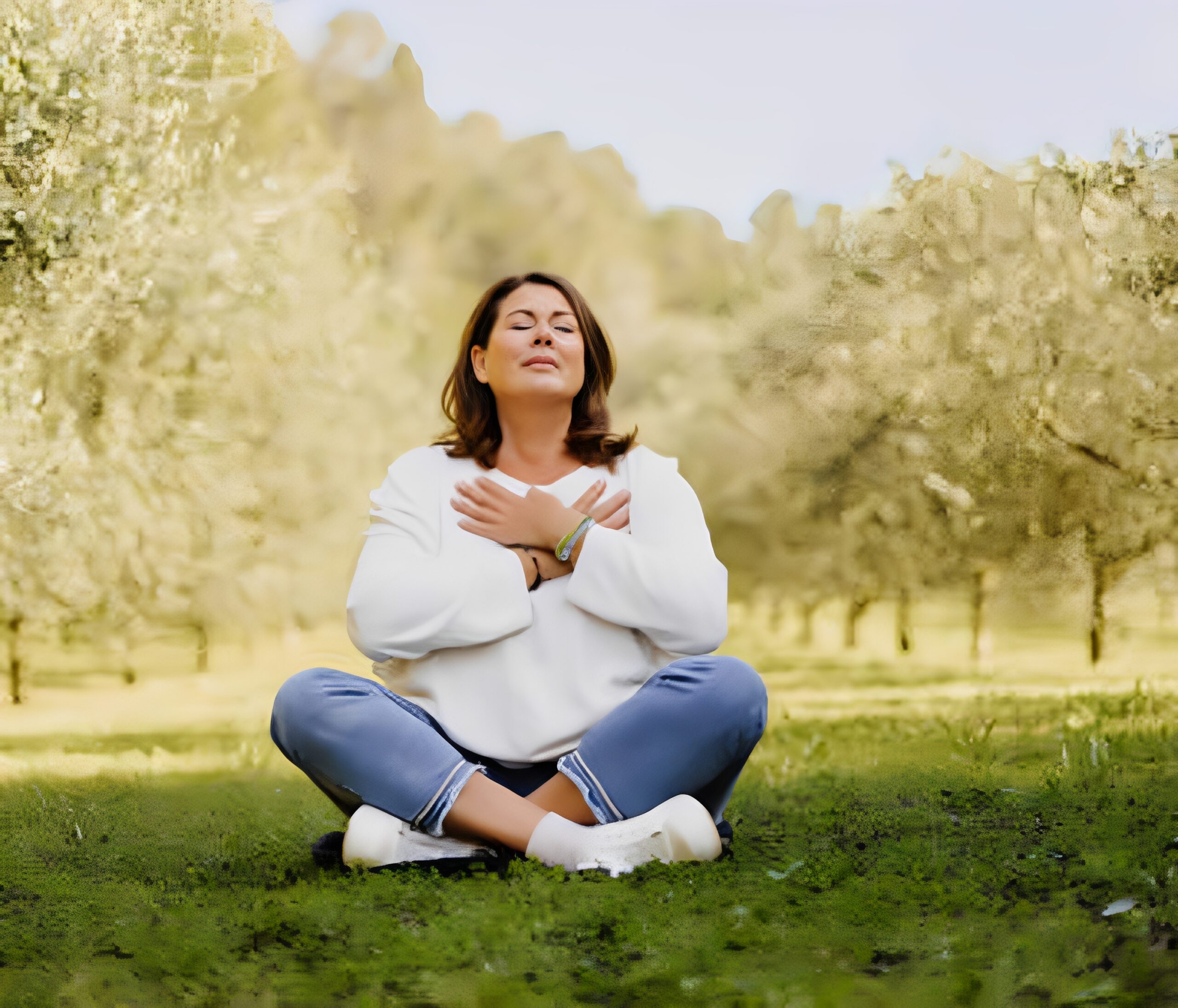 Woman meditating outdoors in a field.