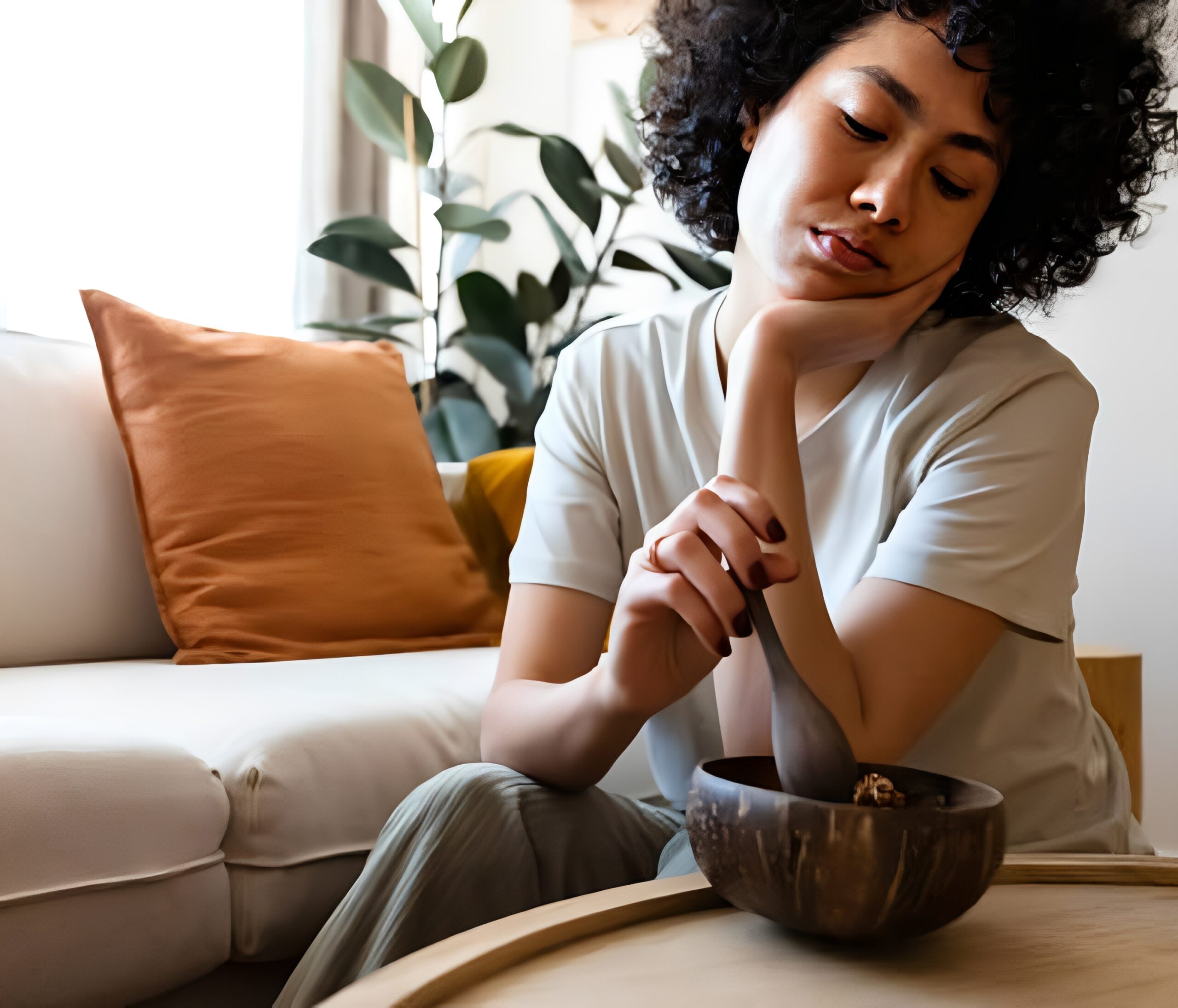 Person sitting, looking at bowl pensively.
