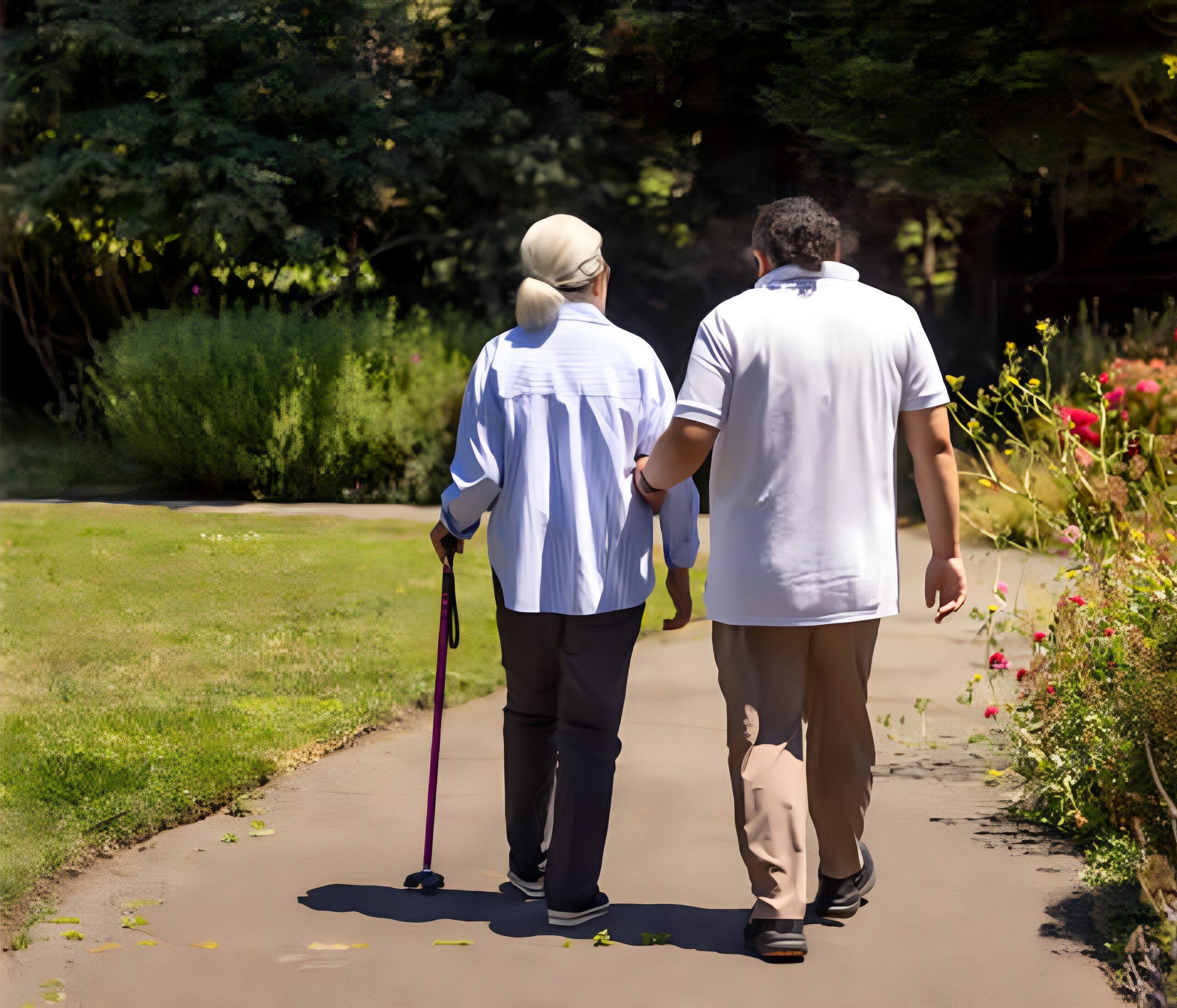 Two people walking in a garden.