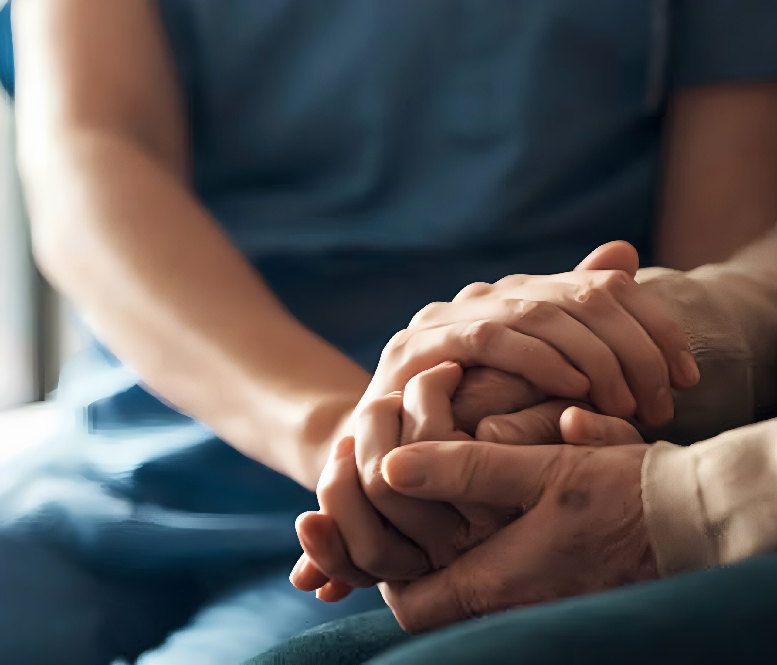 Hands holding in comforting, supportive gesture.