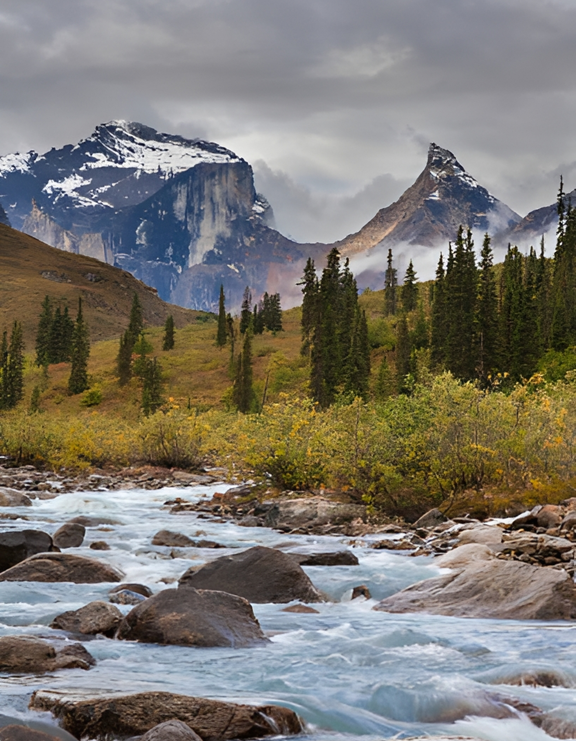 Mountain landscape with river and pine trees.