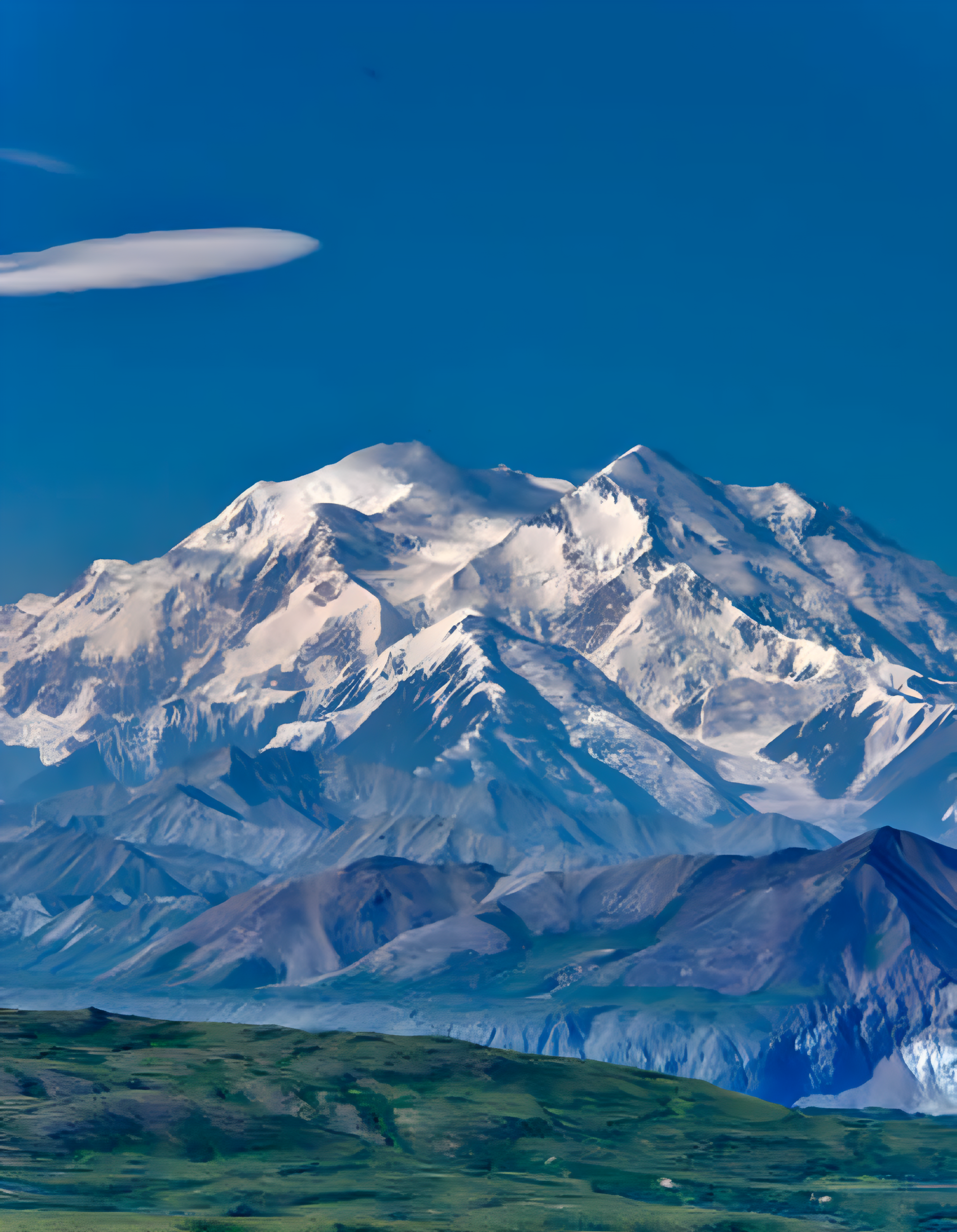 Snow-capped mountain under clear blue sky.