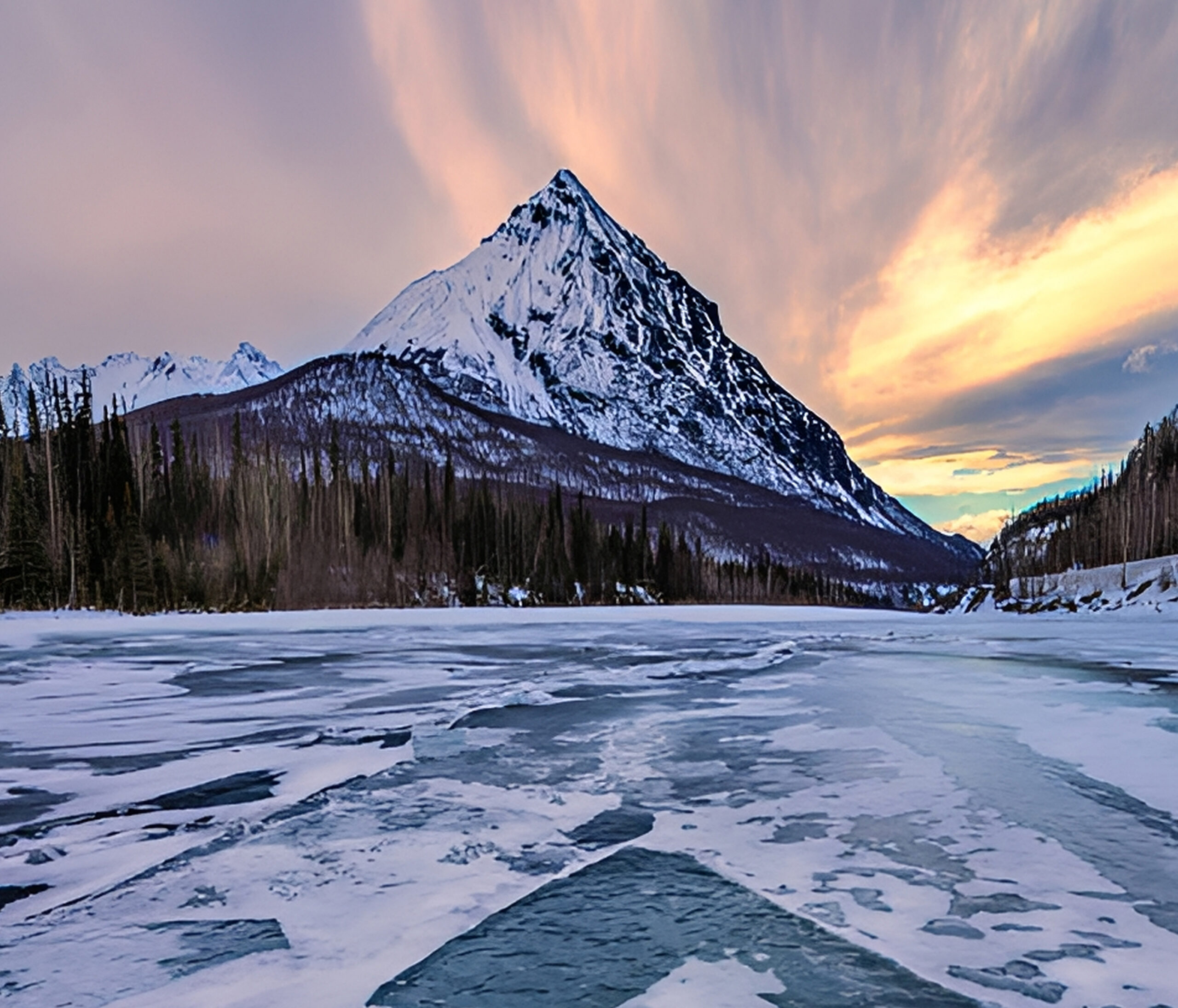 Snowy mountain and frozen lake at sunset.